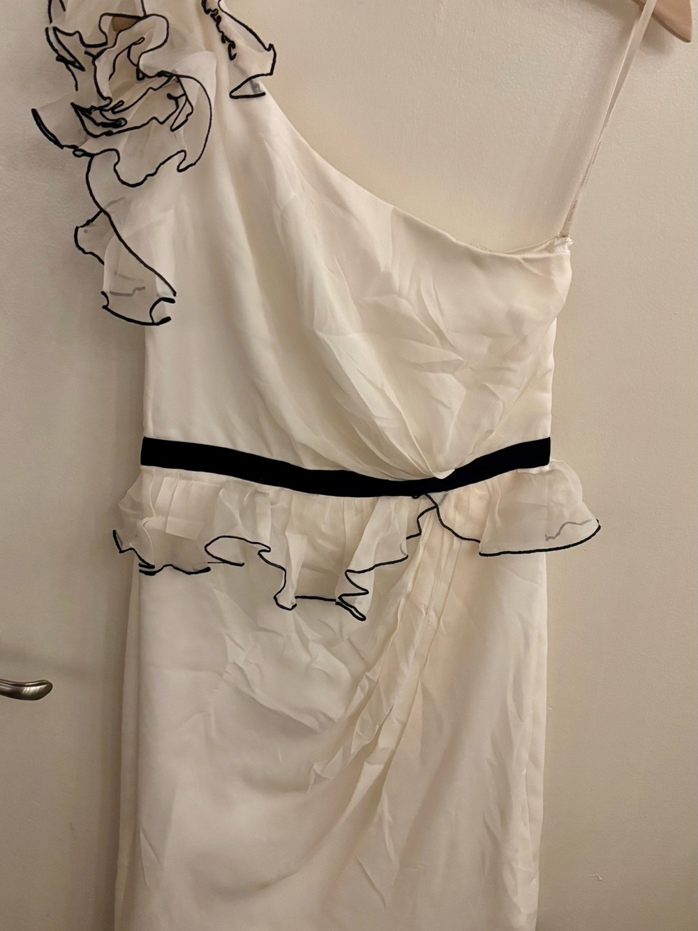 Vintage Ruffled One-Shoulder Silk White Dress with Black Trim